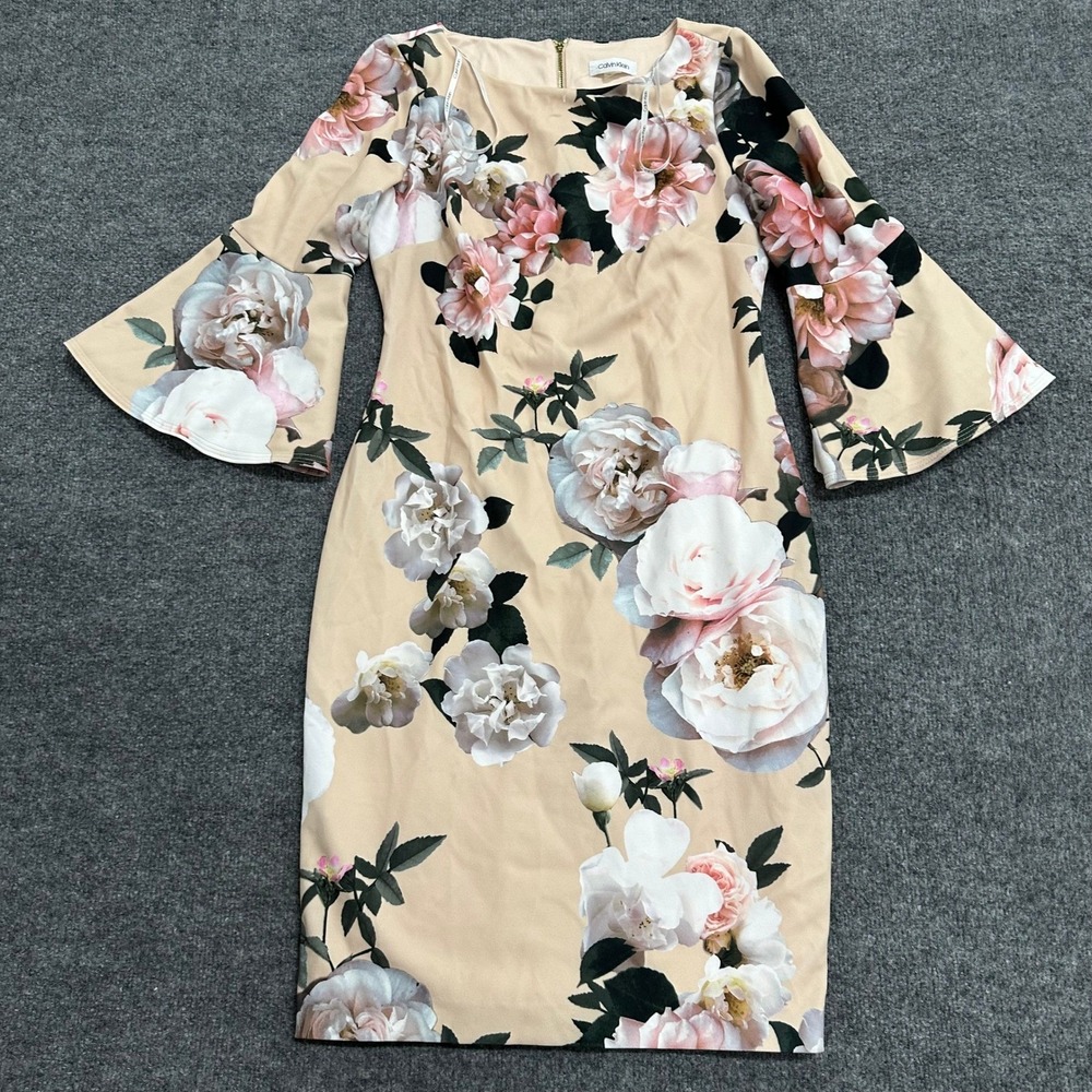 Calvin Klein Dress Womens Size 8 Beige Floral Sheath Bell Sleeve Scuba Stretch